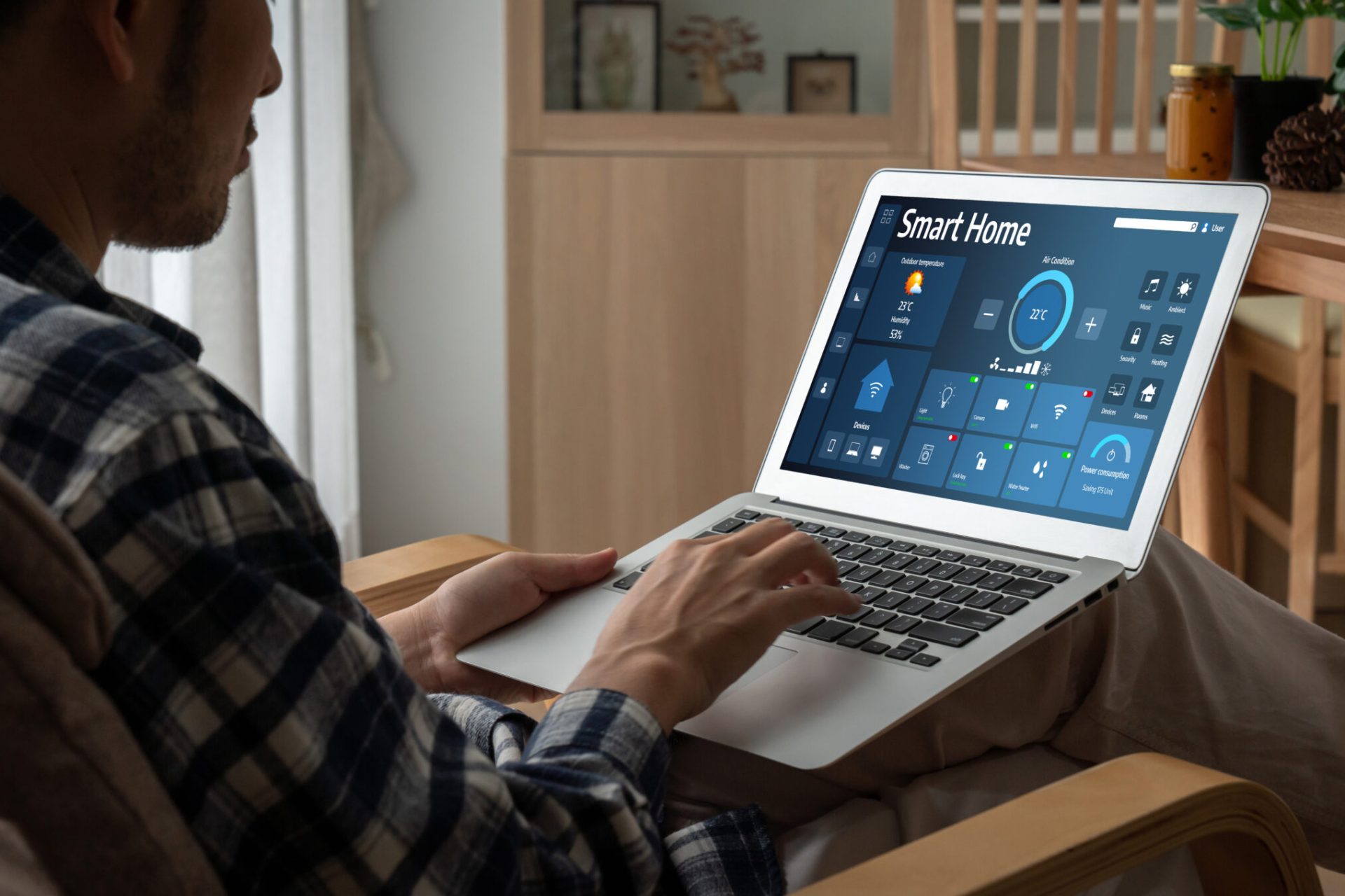 Smart home technology, centric remote control system with digital dashboard for air conditioning, safety security network or house automation. App software, ui panel programming IOT monitor snugly