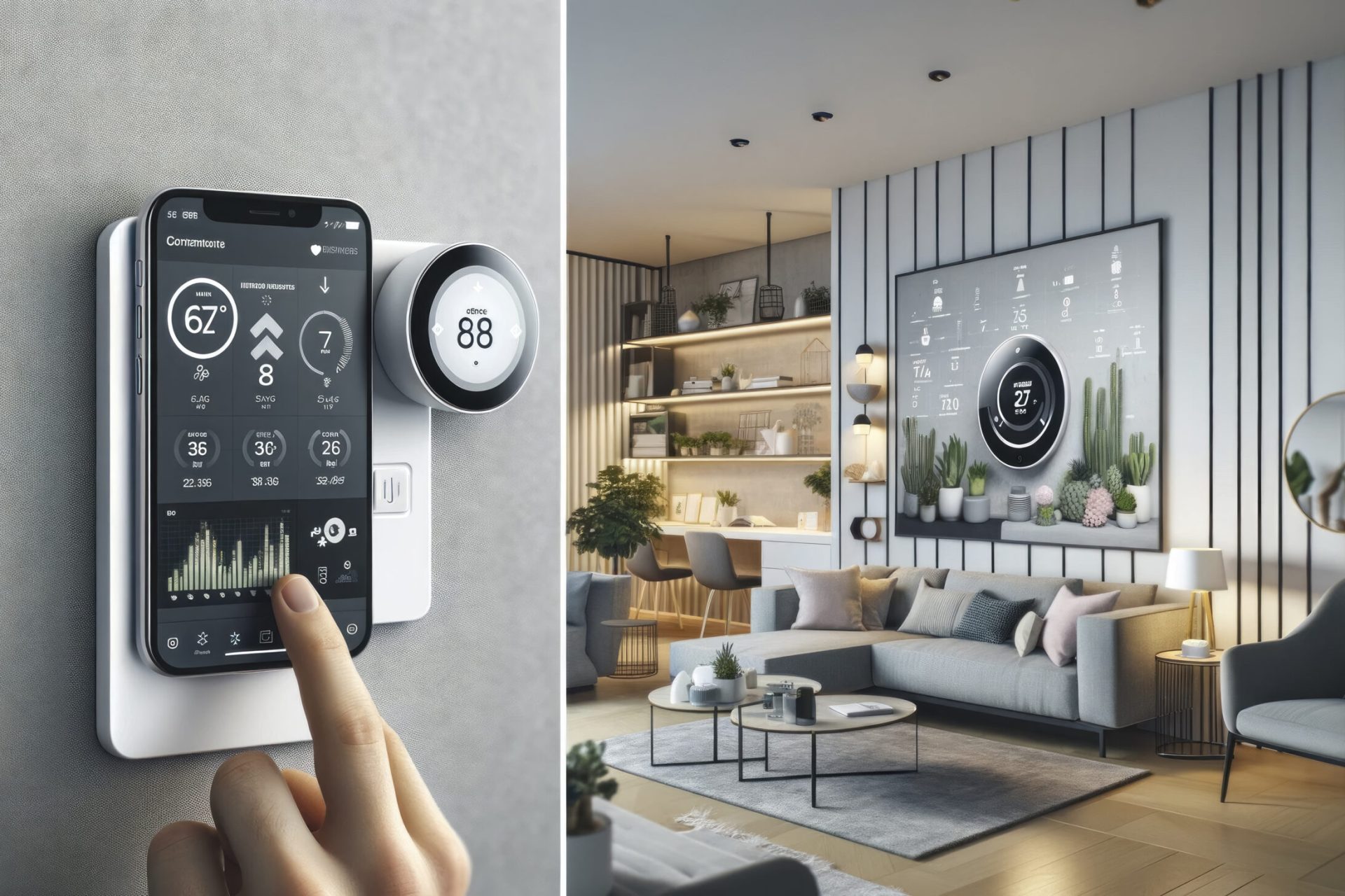A person interacts with a smart home technology interface on their smartphone and wall-mounted devices in a modern living room.